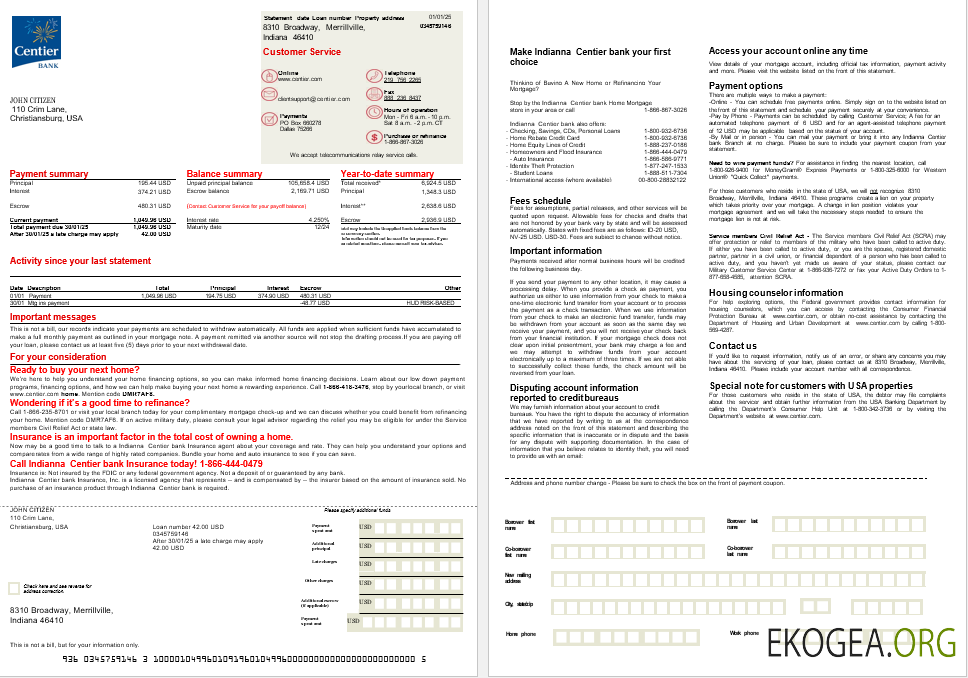 Relevé hypothécaire de la banque USA Indianna Centier aux formats Word et PDF, 2 pages